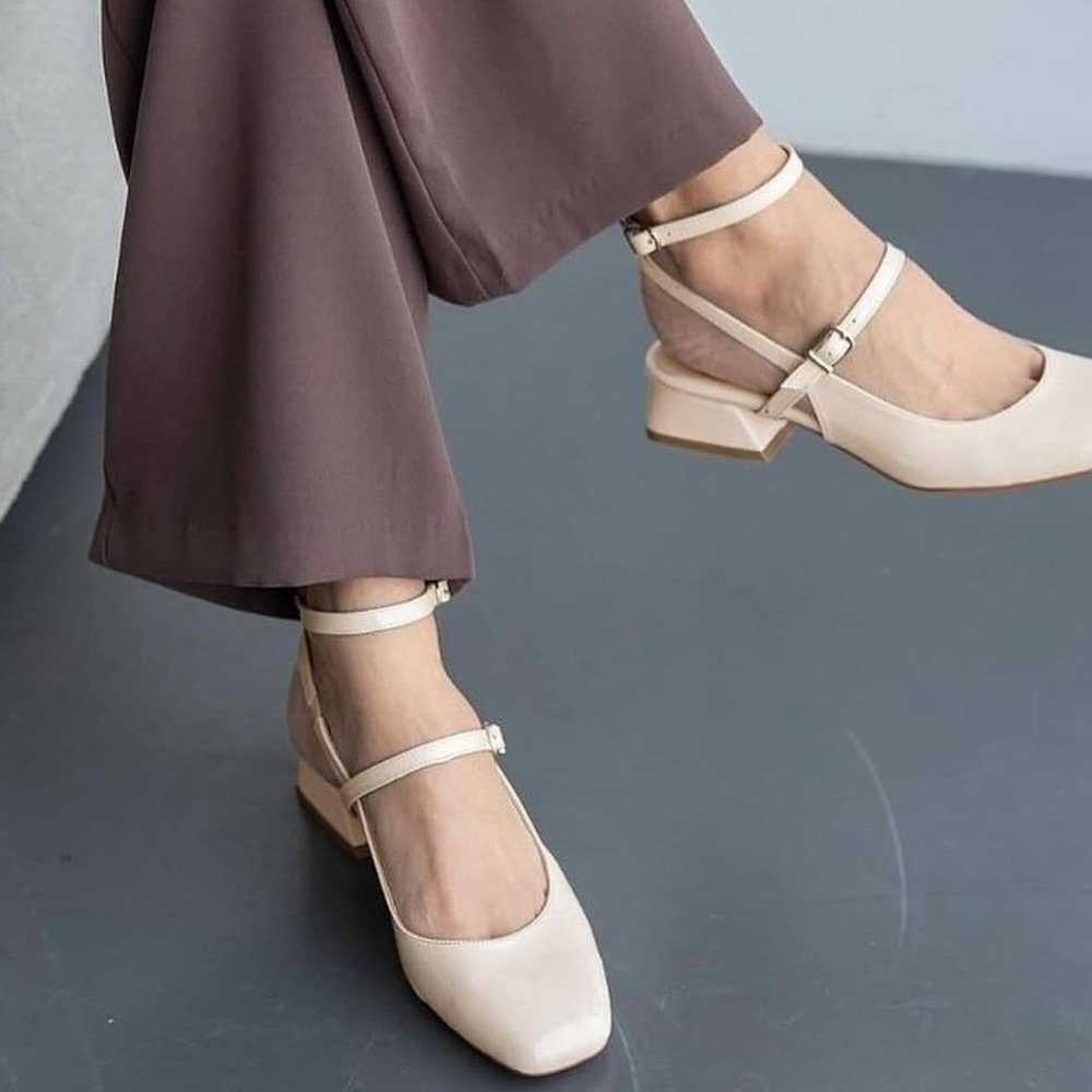 ZBY Slingback Pumps Women 7.5 Cream Square Toe Double Strap Block Heel ZBY Exc